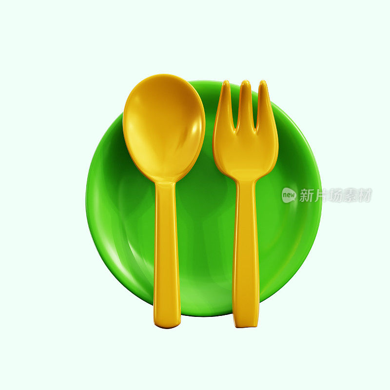 green plate with gold spoon fork eat time for break fasting Ramadan holy month 3d icon illustration render design